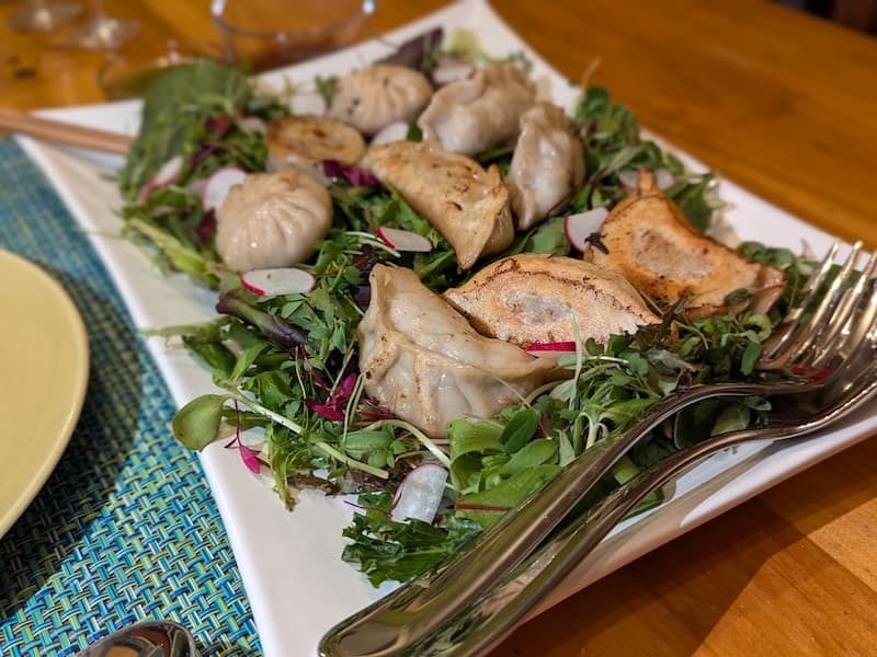 Photo dump of dumplings on a bed of greens